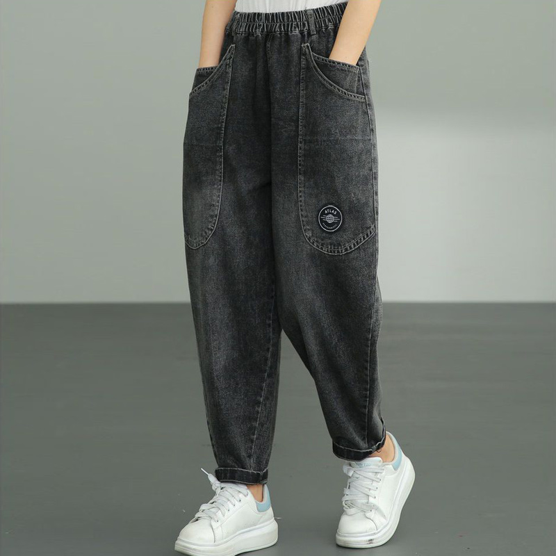 秋冬新款松紧哈伦水洗牛仔裤老爹裤大口袋宽松大码胖MM休闲长裤