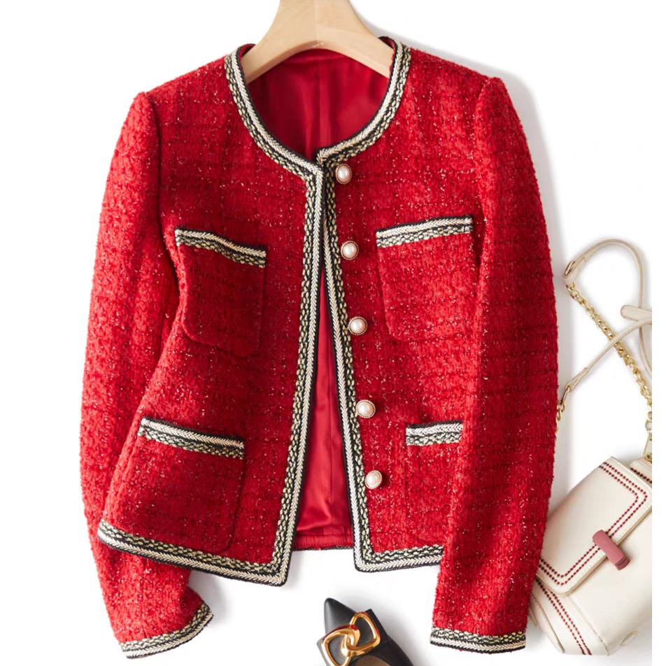 【黑+红】法式秋季女外套轻奢时尚粗花呢小香风长袖上衣女外套