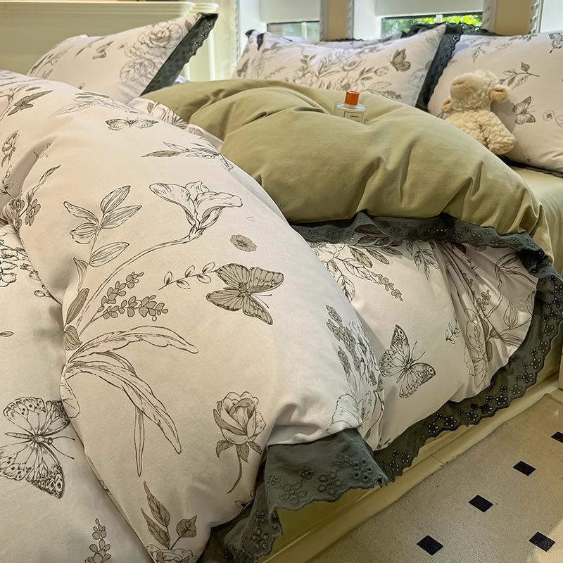 秋冬A类纯棉加厚磨毛床上四件套全棉轻奢床品法式被套床单三件套