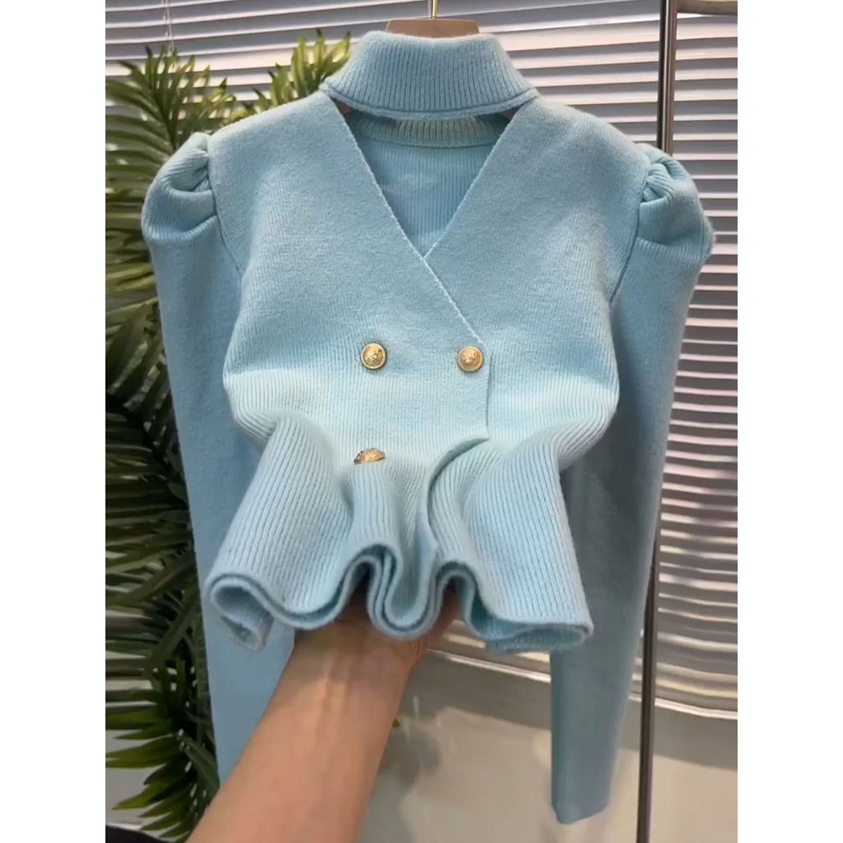 韩版小香风V领挂脖设计感上衣女春秋新款打底衫开衫修身上衣