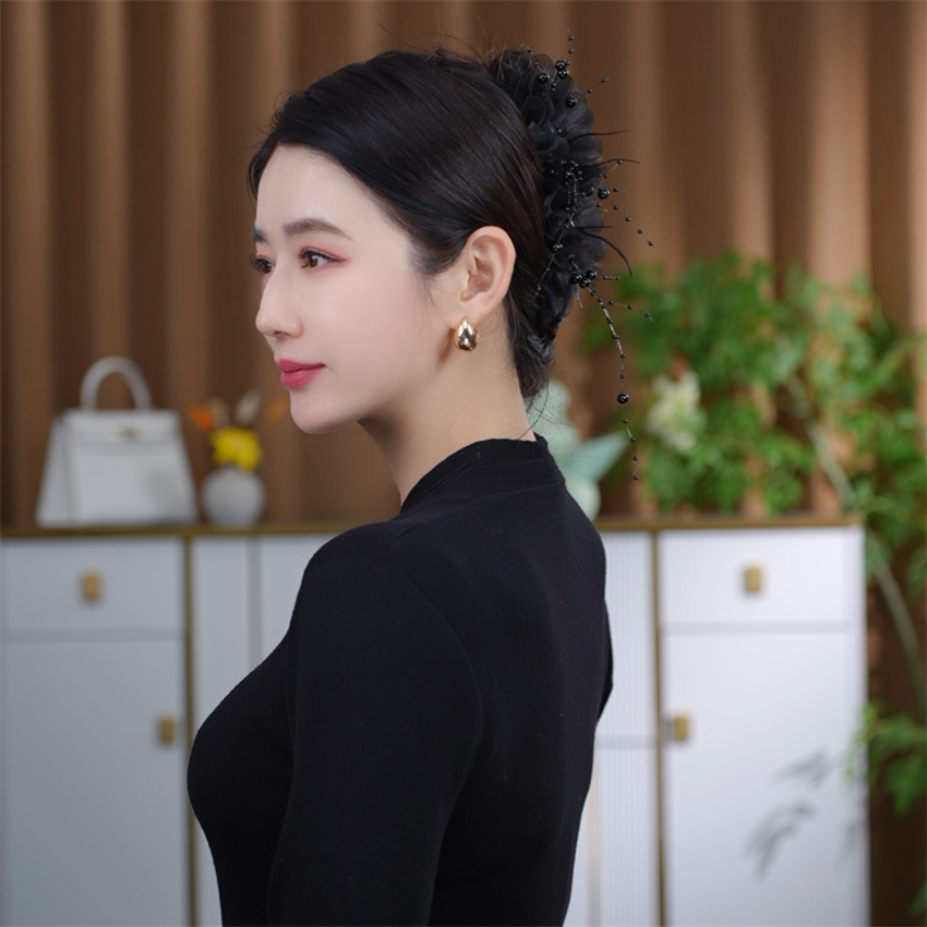 黑色网纱蝴蝶结抓夹鲨鱼夹盘发气质满天星珠珠发夹