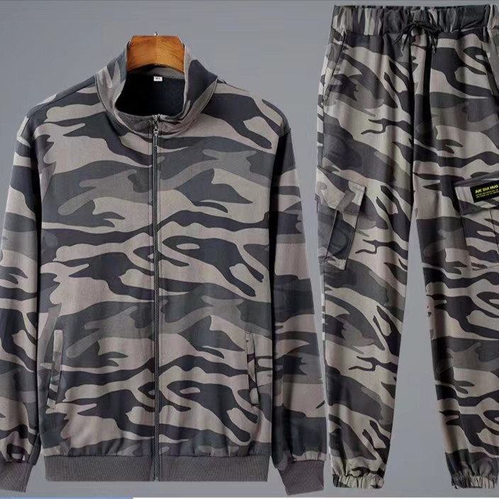 春秋高弹力针织迷彩服套装透气耐磨户外加肥男女运动休闲束脚裤