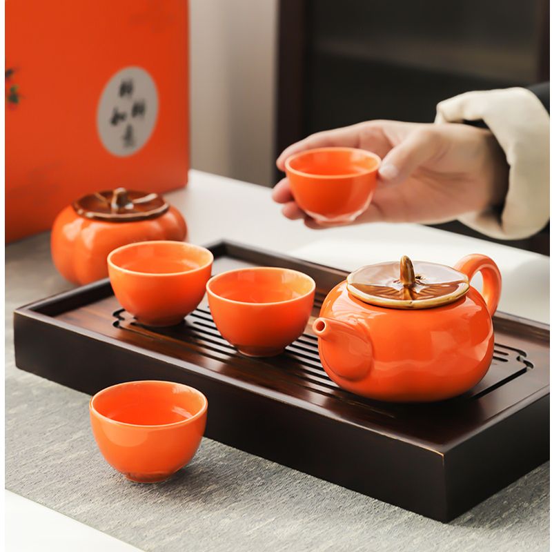 旅行茶具伴手礼柿柿如意礼盒套装家用功夫茶壶茶杯茶叶罐开业商务