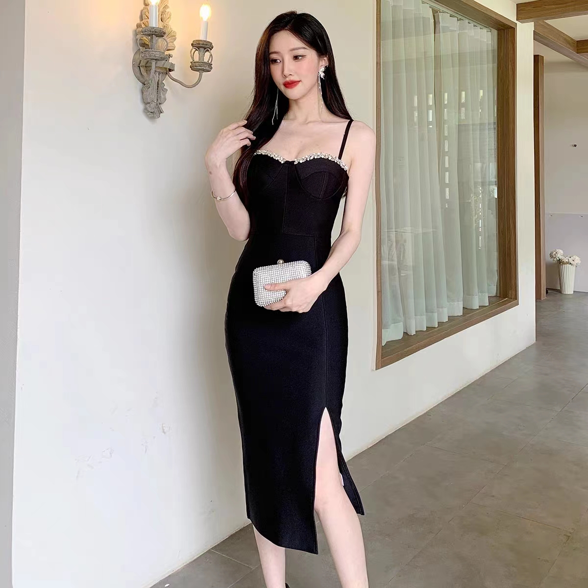 壹姐家性感开叉纯欲镶钻连衣裙吊带绷带裙显瘦包臀气质时尚