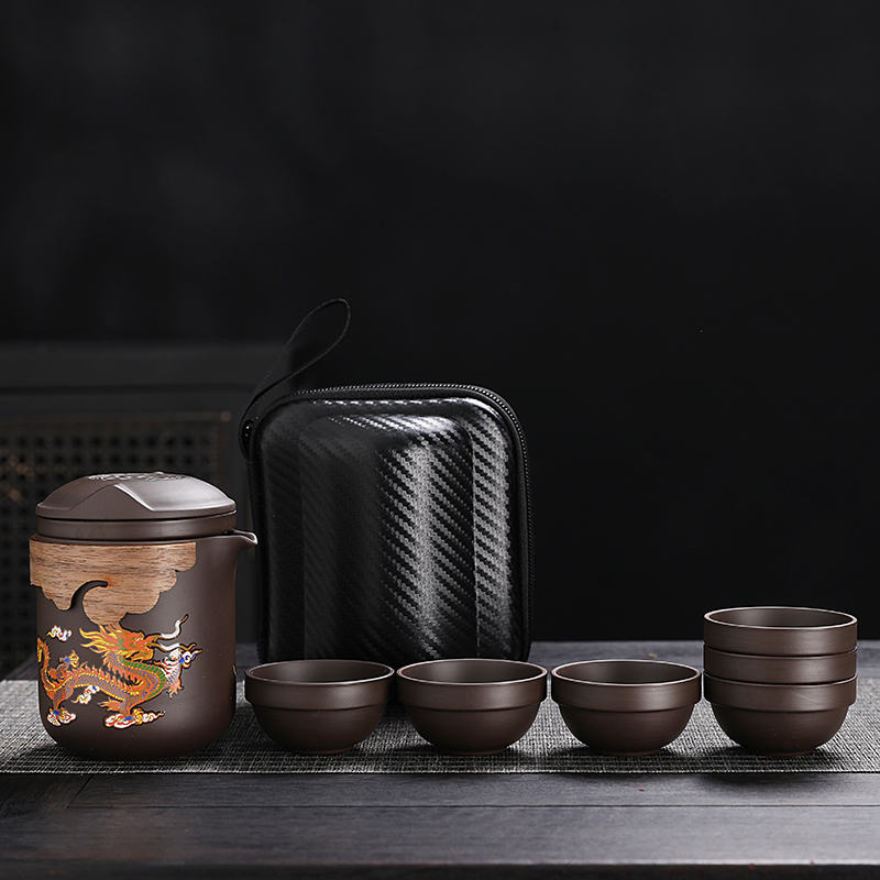 龙凤呈祥变色紫砂壶原矿朱泥带茶滤茶杯大容量泡茶壶旅行茶具商品图