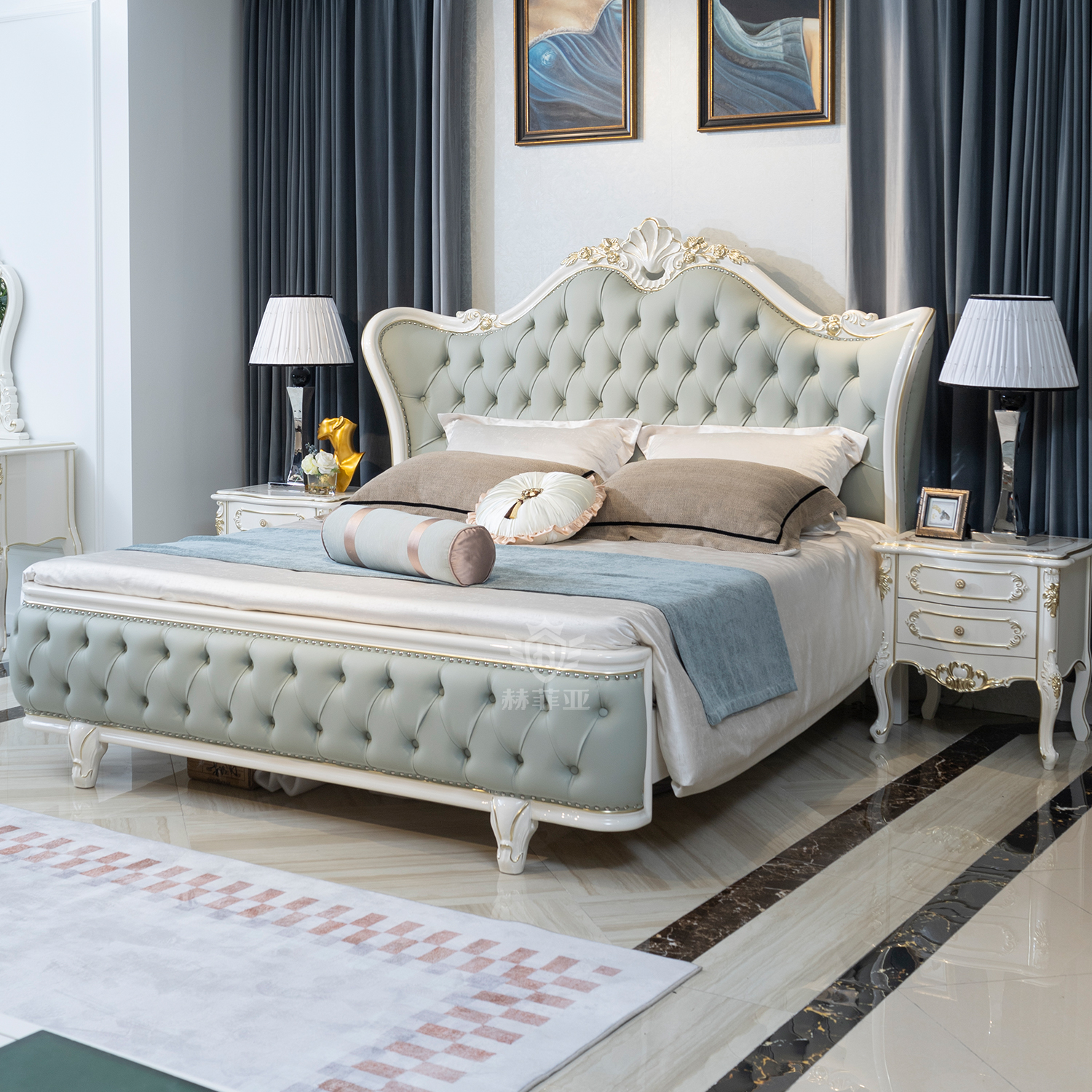 欧式全实木白色双人床 真皮白色网红公主床现代简约1.8m法式别墅