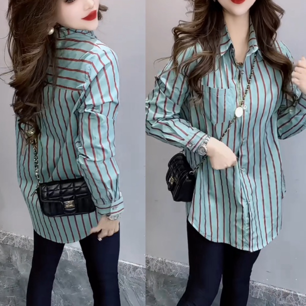 时尚长袖宽松条纹秋季设计感衬衫