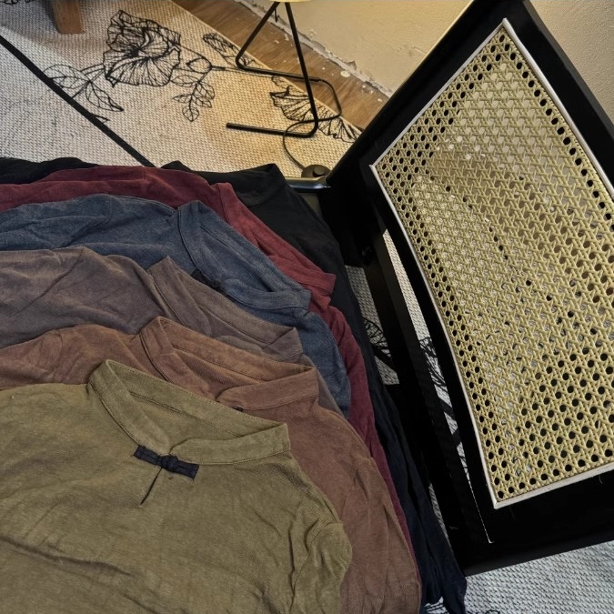 【筱然】新中式国风秋冬季复古做旧宽松立领盘扣棉质T恤上衣打底衫