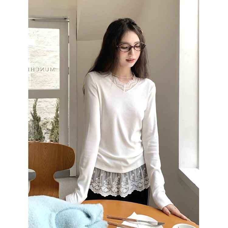 【全额运补+现货现发】白色假两件蕾丝边v领打底衫秋冬德绒内搭长袖