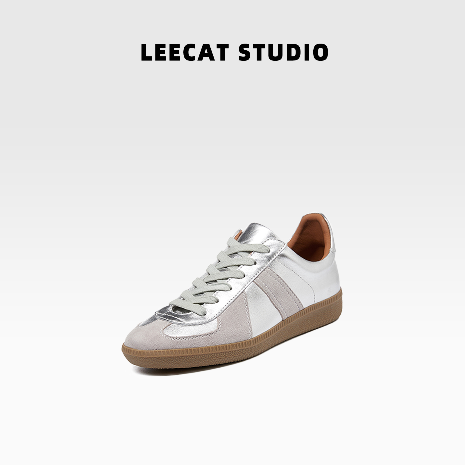 LeeCat Studio银色德训鞋女款2025夏季新款内增高透气百搭运动鞋