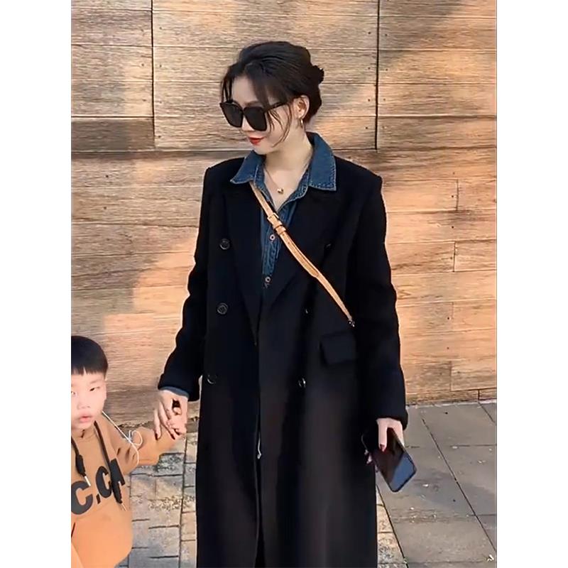 赫本风黑色毛呢外套女冬季2023新款韩系小个子高级感气质呢子大衣