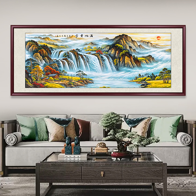 黄金满地国画山水画办公室背景墙装饰画茶室客厅挂画新中式墙壁画