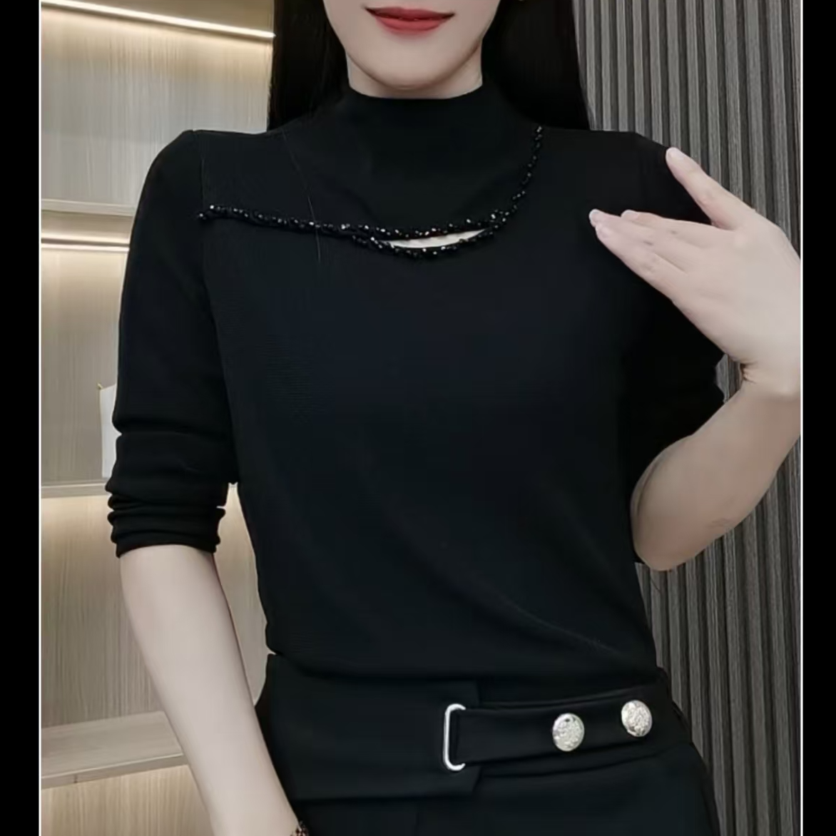 时尚百搭中领小衫显瘦遮肉气质长袖时尚修身打底衫洋气衣服女333