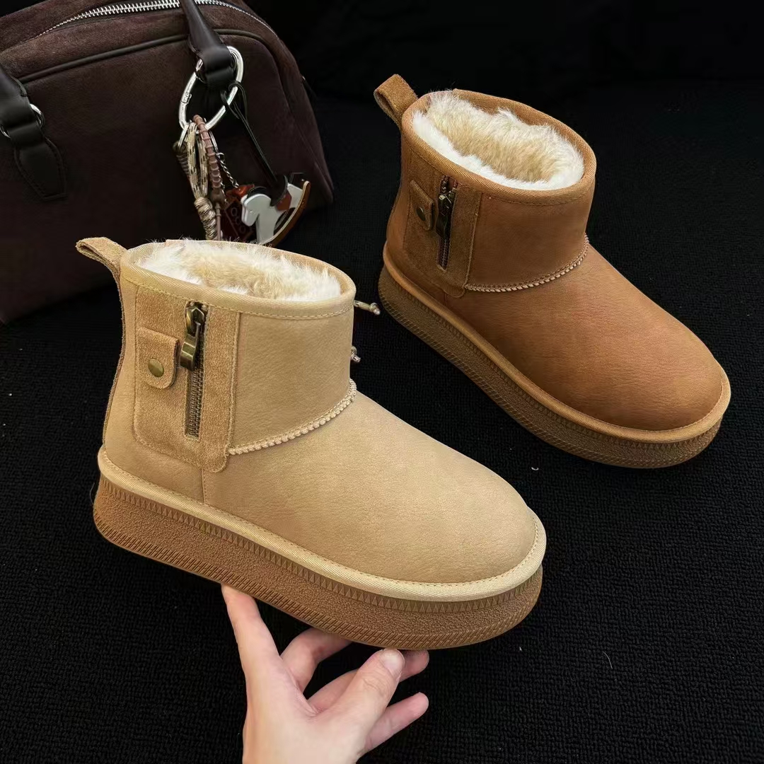 真皮厚底雪地靴女冬季短筒保暖加绒高帮加厚百搭休闲短靴防滑软底