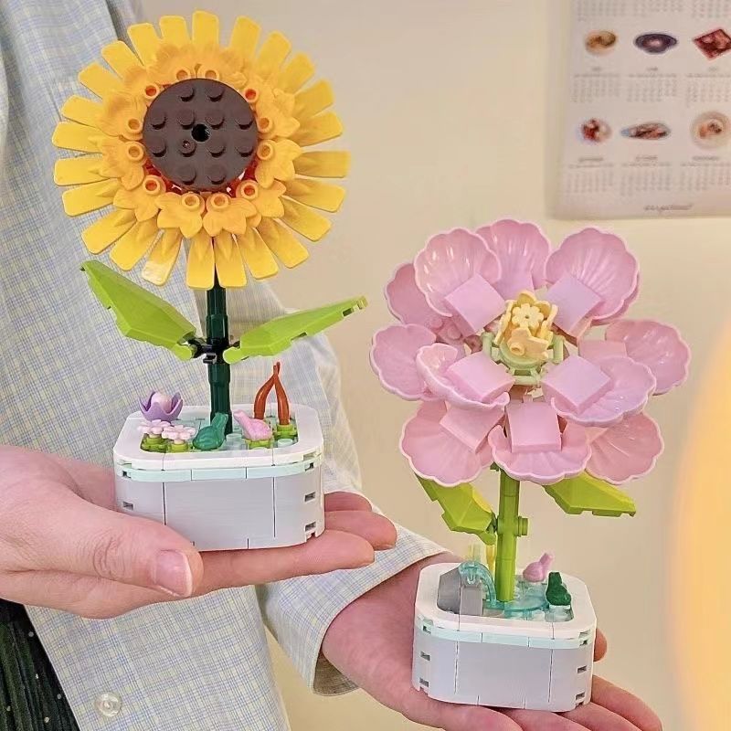国产积木花盆栽永生植物芙蓉女孩儿童益智手工玩具DIY生日小礼物