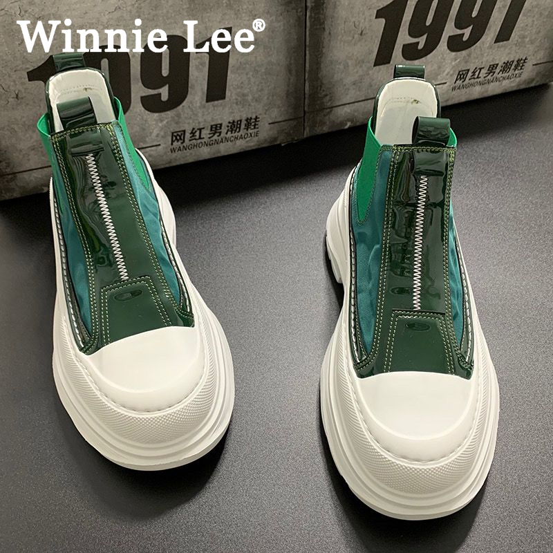 Winnie Lee男鞋新款秋季透气一脚蹬松糕鞋男厚底增高小白鞋休闲鞋