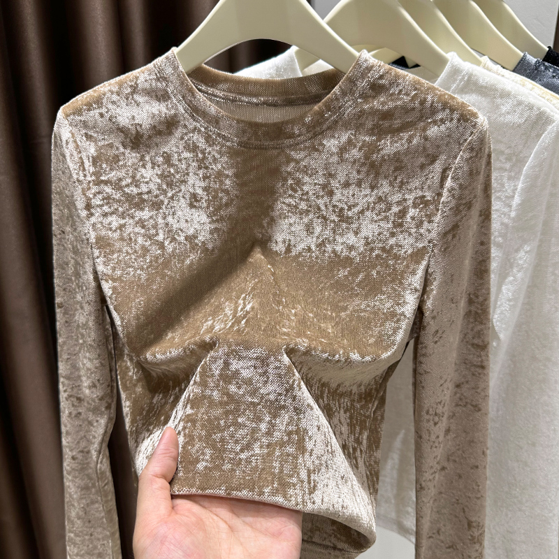 咖色圆领正肩上衣秋季新款长袖钻石毛修身打底衫显瘦百搭T恤小衫