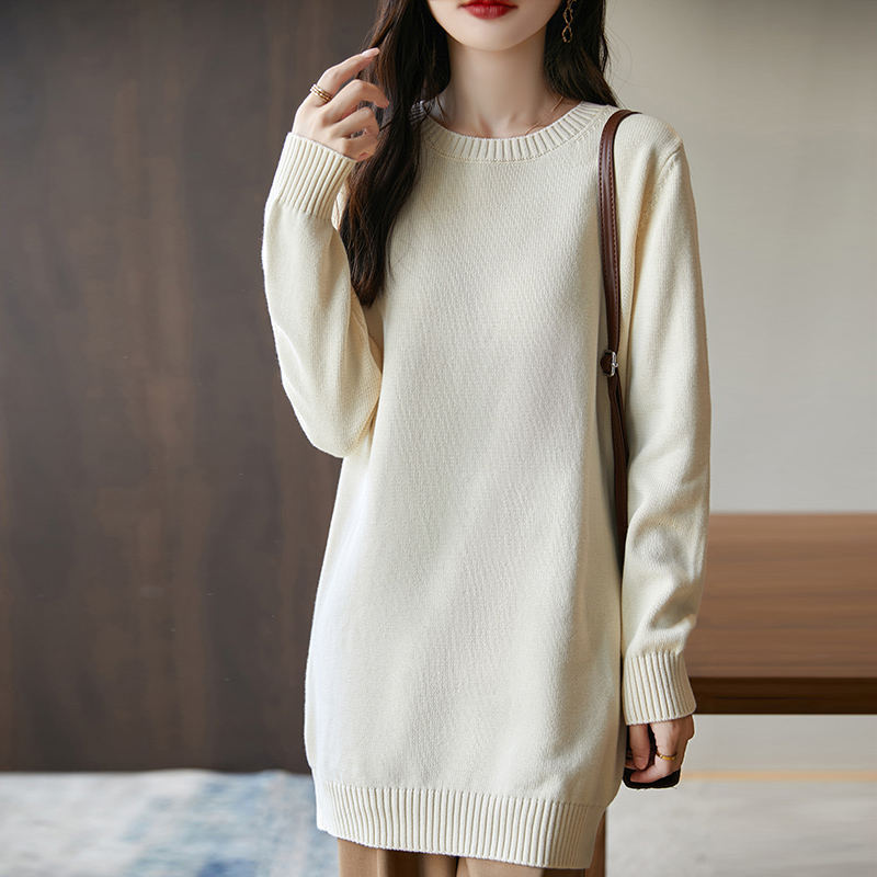 100%纯棉加厚中长款针织衫棉线圆领打底衫毛衣