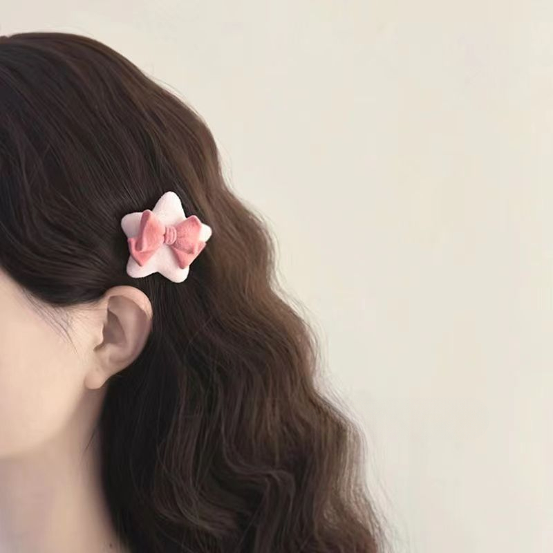 【西界】秋冬甜美可爱毛茸茸粉色蝴蝶结星星海绵发夹小众少女感刘