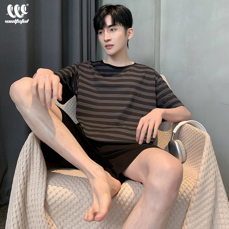 莫代尔冰丝睡衣男夏季家居服套装凉感宽松短袖男生简约条纹款薄款