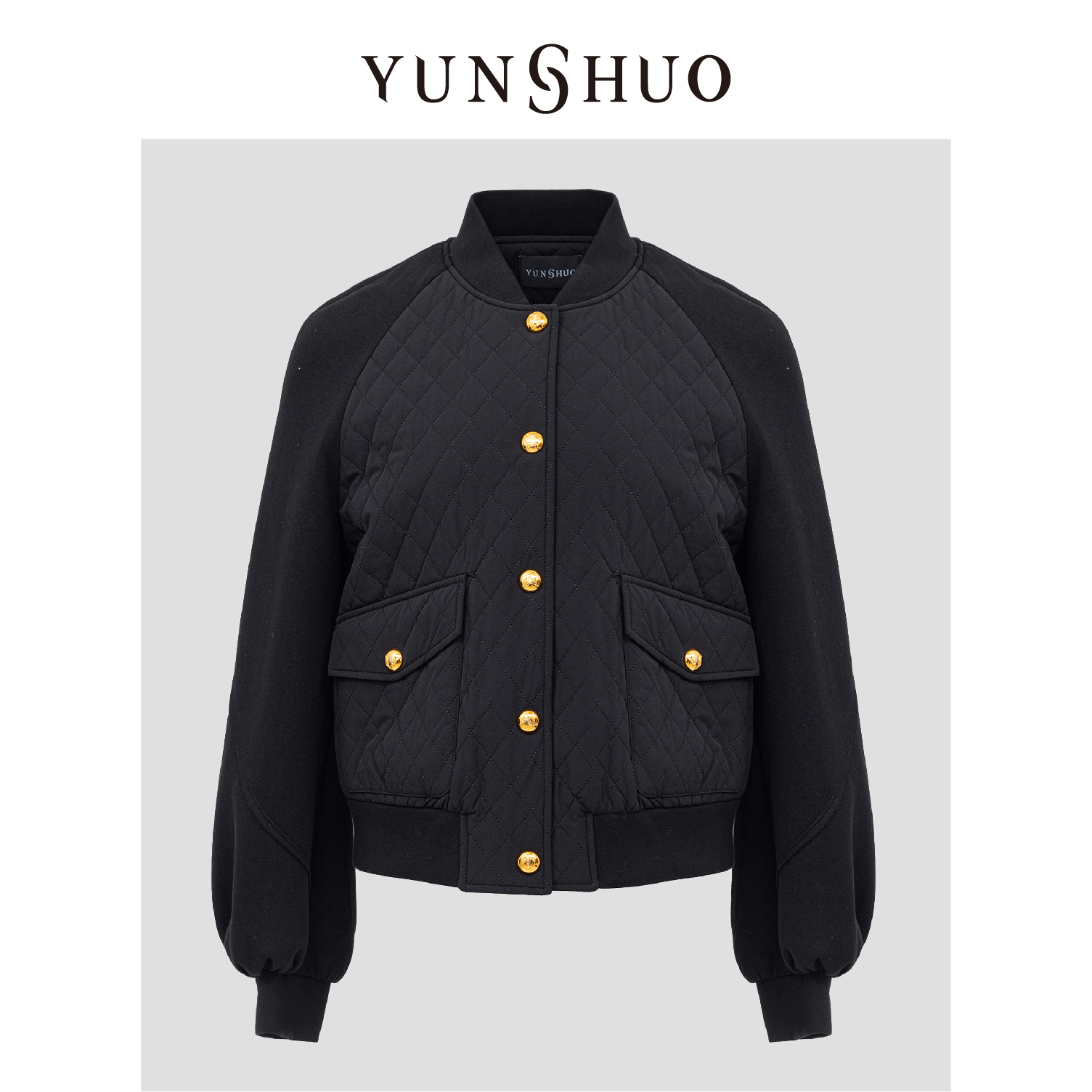 YUNSHUO允硕秋冬季新款纯色百搭通勤针织拼接袖型短款棉服825021