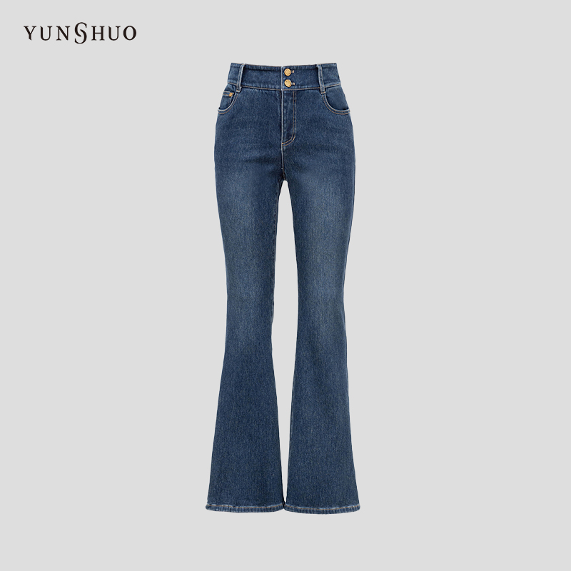 YUNSHUO新款微喇牛仔裤女高腰排扣皮标字母刺绣喇叭裤女士198018