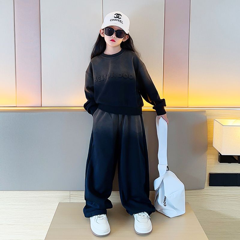 【高品质】女童加绒加厚卫衣渐变套装2023款一体绒学生运动两件套