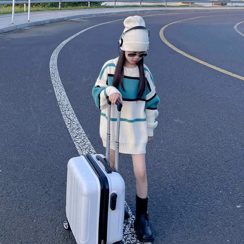 【高品质】女童中大童冬季中长款条纹毛衣2023新款洋气套头针织衫