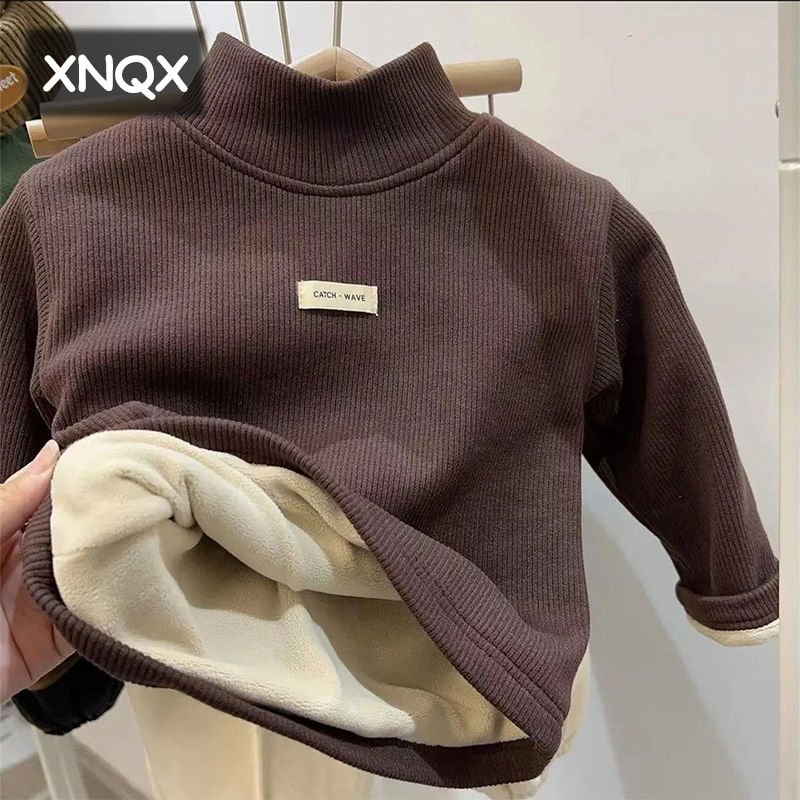 XNQX 男女中小儿童装薄款内搭冬加绒超厚坑条打底衫T恤保暖半高领