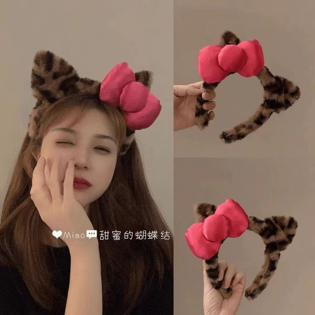 【李子和桃子】豹纹猫可爱耳朵蝴蝶结发箍女头箍毛绒洗脸压发卡头饰