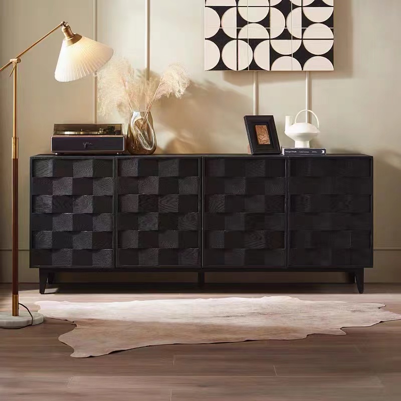 侘寂风实木餐边柜家用靠墙储物柜中古黑色入户玄关柜客厅轻奢收纳