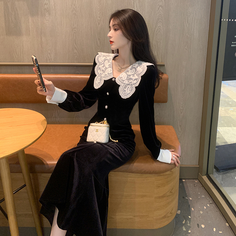 气质连衣裙新款高级感法式穿搭小个子娃娃领小黑裙A6031