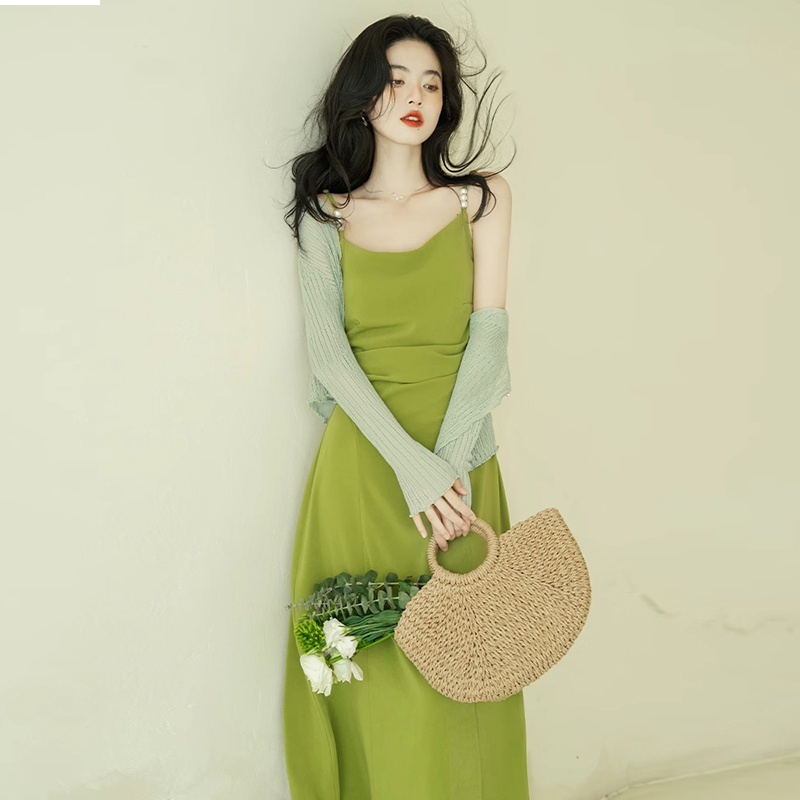 【两件套】法式绿色连衣裙夏2024新高级感气质吊带开衫6904