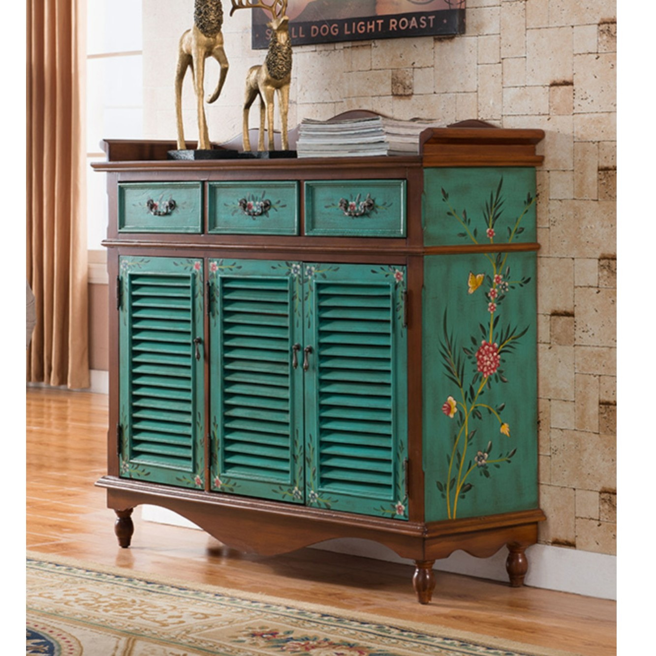 美式彩绘鞋柜复古百叶窗玄关柜三门三斗对开门可移动实木多功能