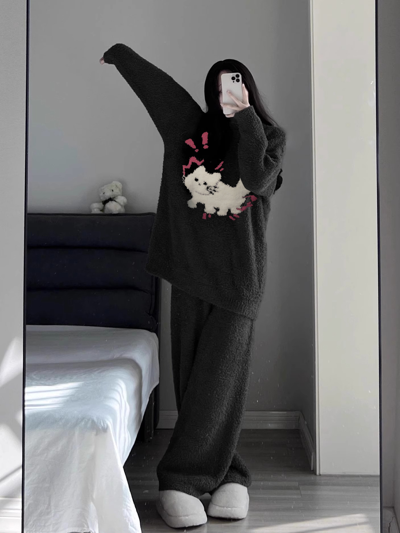 大码加厚半边绒睡衣冬季女款2023新款秋冬外穿家居服冬天猫咪套装