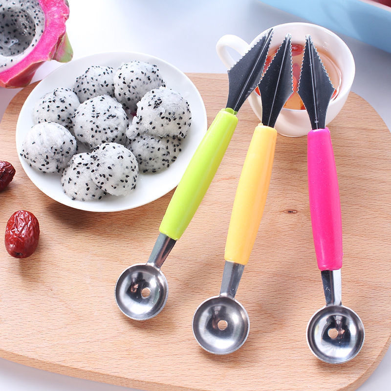 钢西瓜双头不锈钢挖球勺勺哈密瓜水果刀拼盘器彩色雕花刀波纹双头