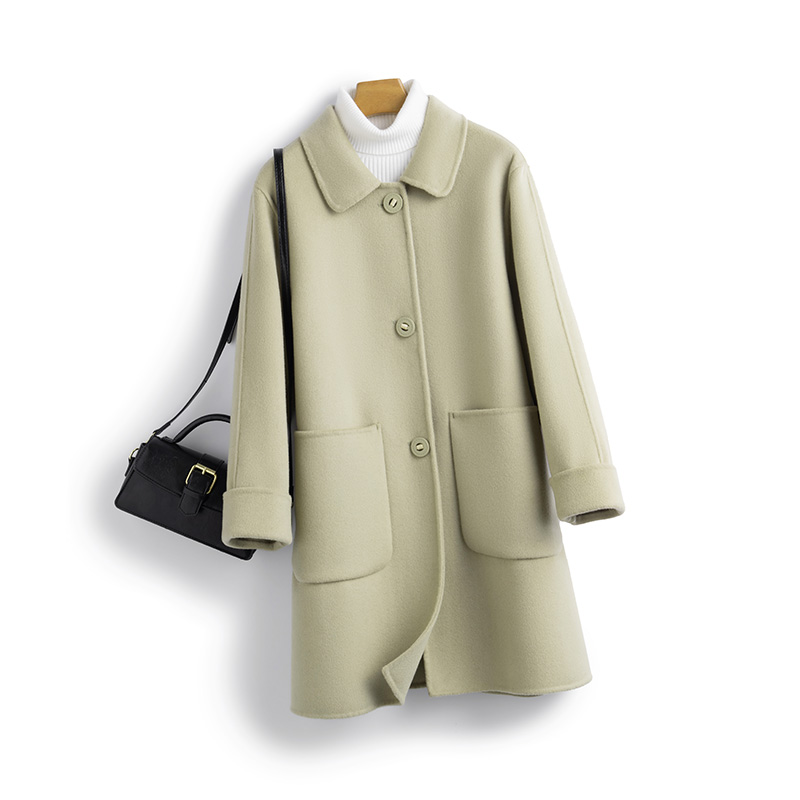 新款羊毛呢大衣娃娃领中长款女纯羊毛气质女外套双面呢大衣