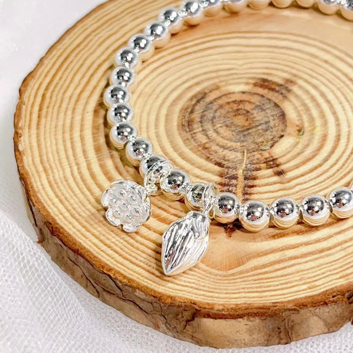 足银手链 足银999.9 801款 卡5mm莲蓬两世欢圆珠手链古风经18g