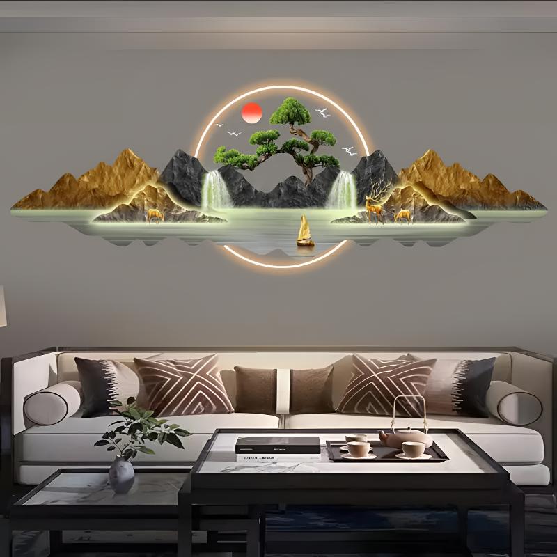 流水生财客厅装饰画高档大气沙发背景墙画办公室新中式迎客松挂画