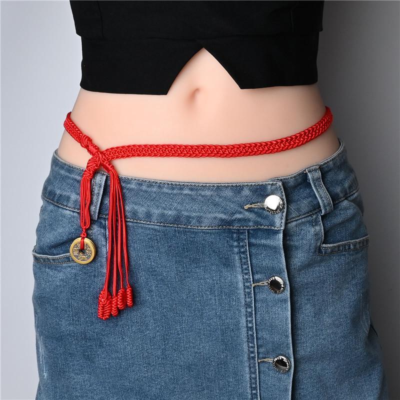 铜合金布艺婚庆饰品 本命年铜钱红腰带五帝钱红腰绳胖子手工编织