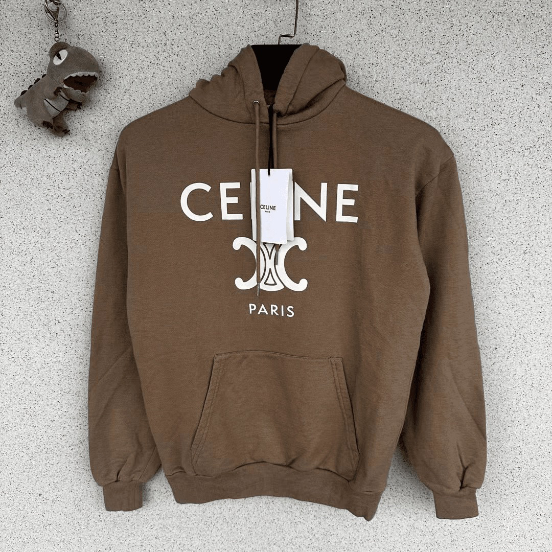 全新未使用 Celine/思琳 卡其色凯旋门logo羊绒帽衫/os xs码