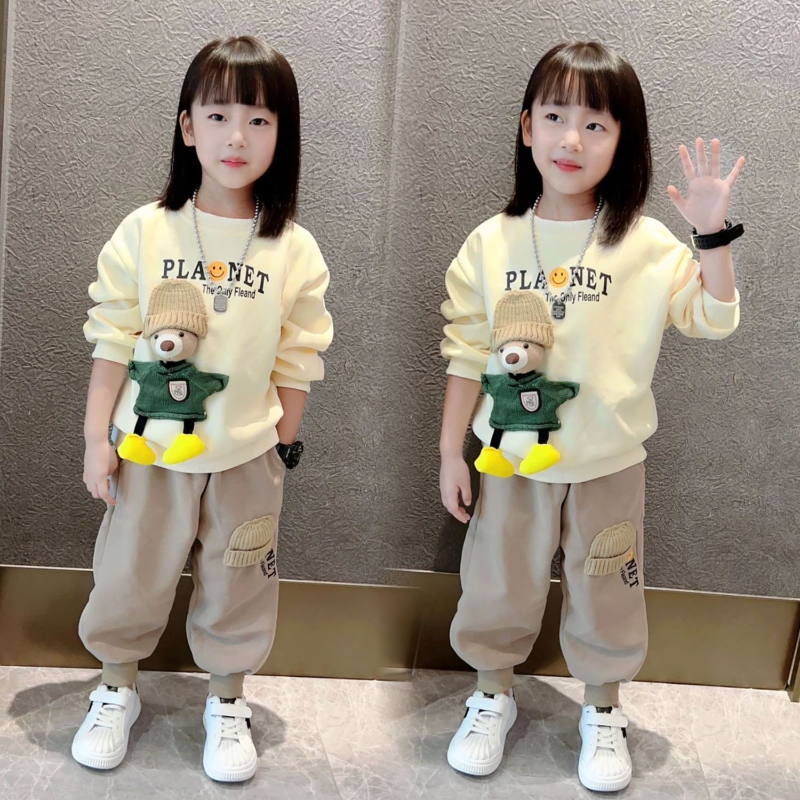 2024小童女童春秋卫衣套装新款女洋气宝宝两件套网红卡通儿童装潮