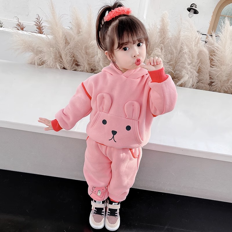 2024女童加绒卫衣套装新款中小童洋气韩版卡通可爱女宝宝秋冬装潮
