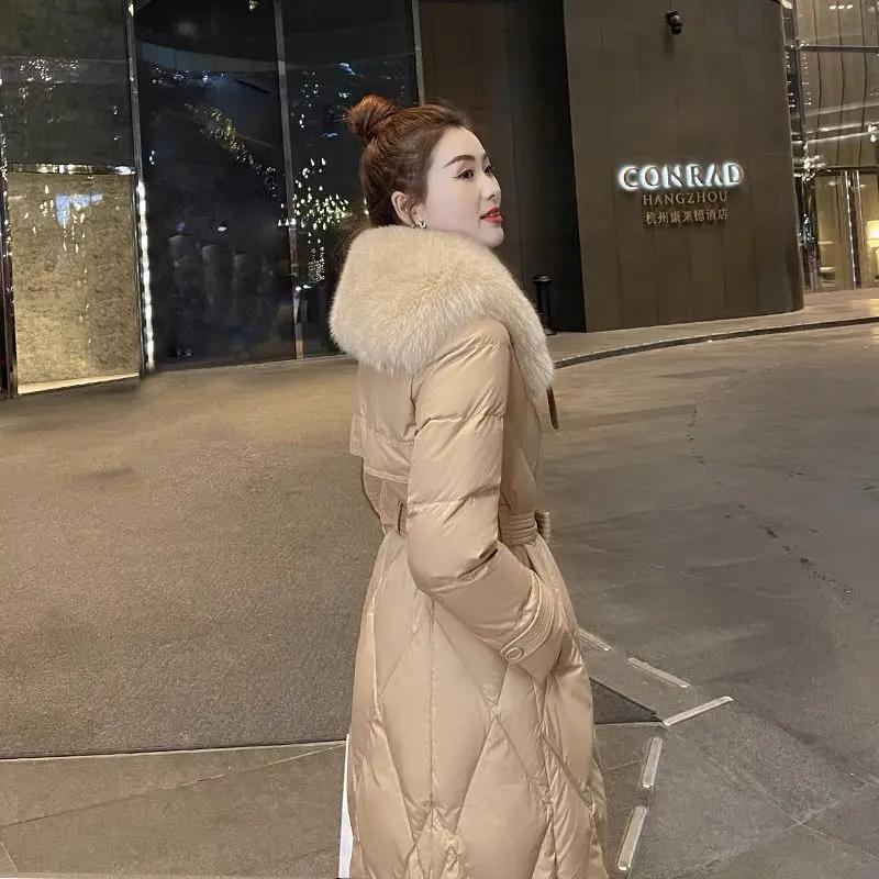 时尚白鸭绒羽绒女2023冬爆款时尚洋气中长款过膝大毛领加厚外套