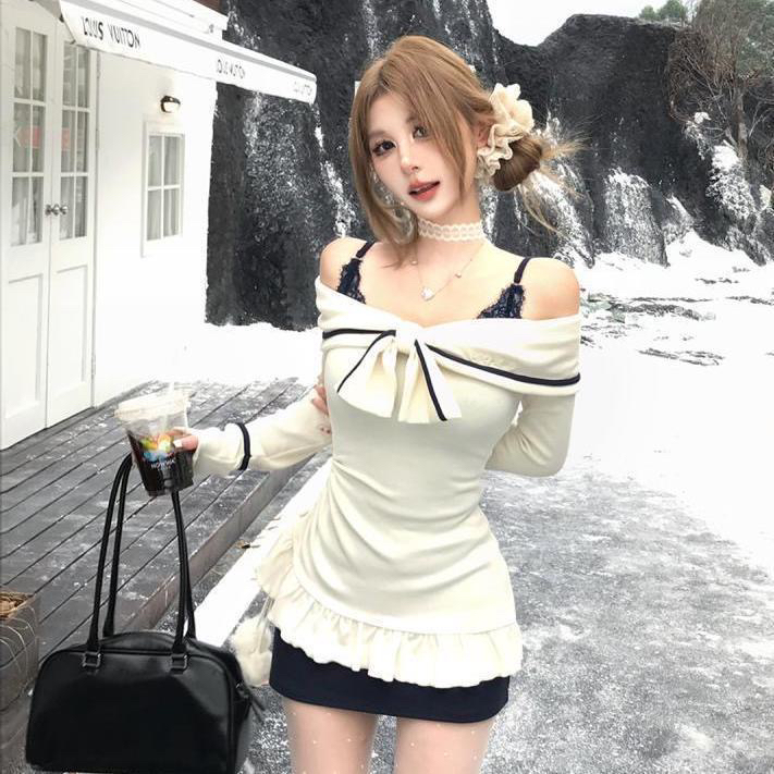 秋季吊带连衣裙蝴蝶结蕾丝裙子女秋款性感长袖