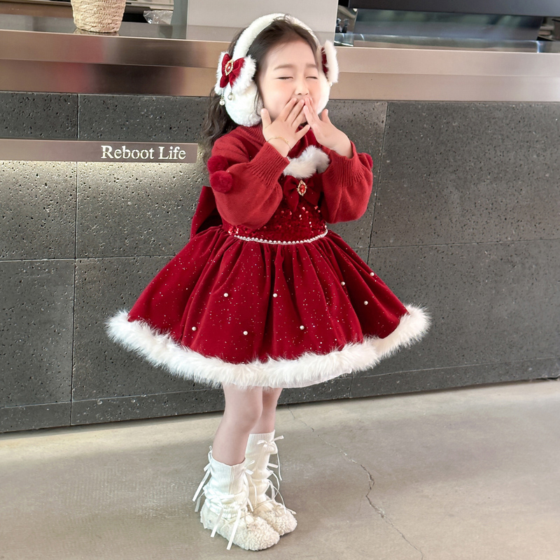 女小童圣诞节洛丽塔公主裙秋冬装女宝宝新年洋气红色连衣裙拜年服