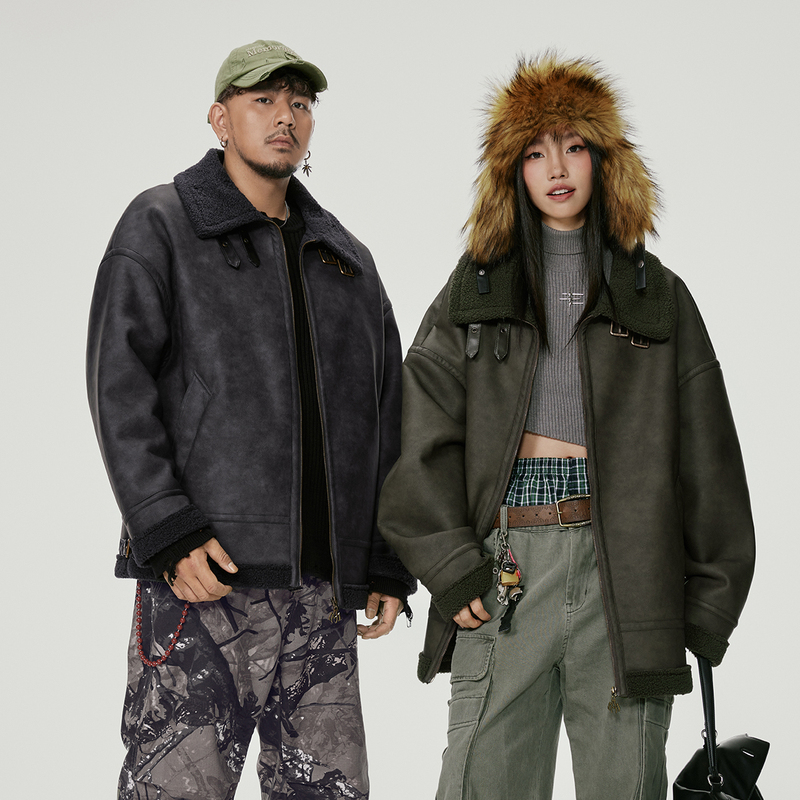 NMAX大码潮牌男装24年新品仿羊羔毛机车服皮毛一体纯色棉衣ENW043