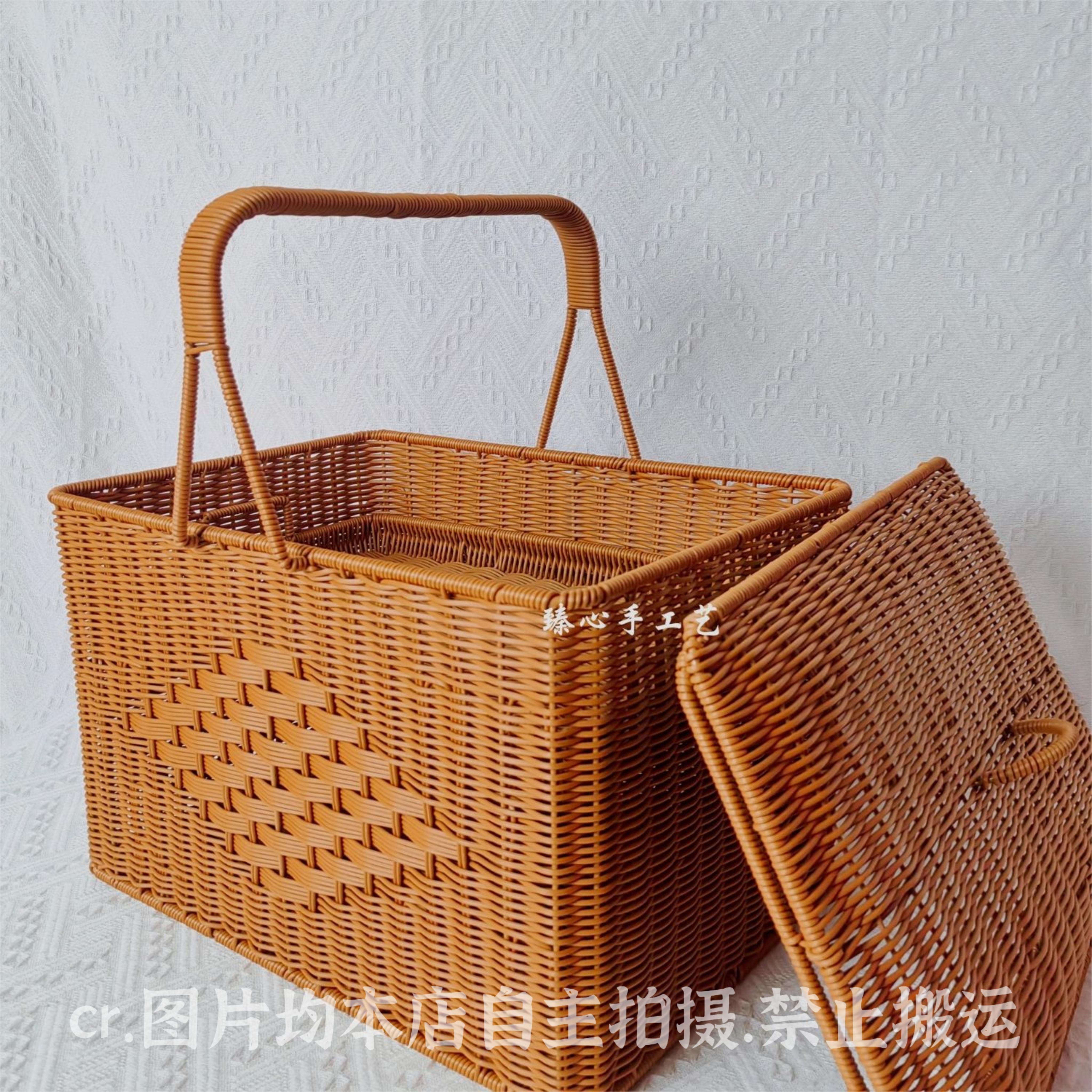 TF04仿藤纯手工编织大容量长方形双层户外野餐篮、家用手提拜拜篮