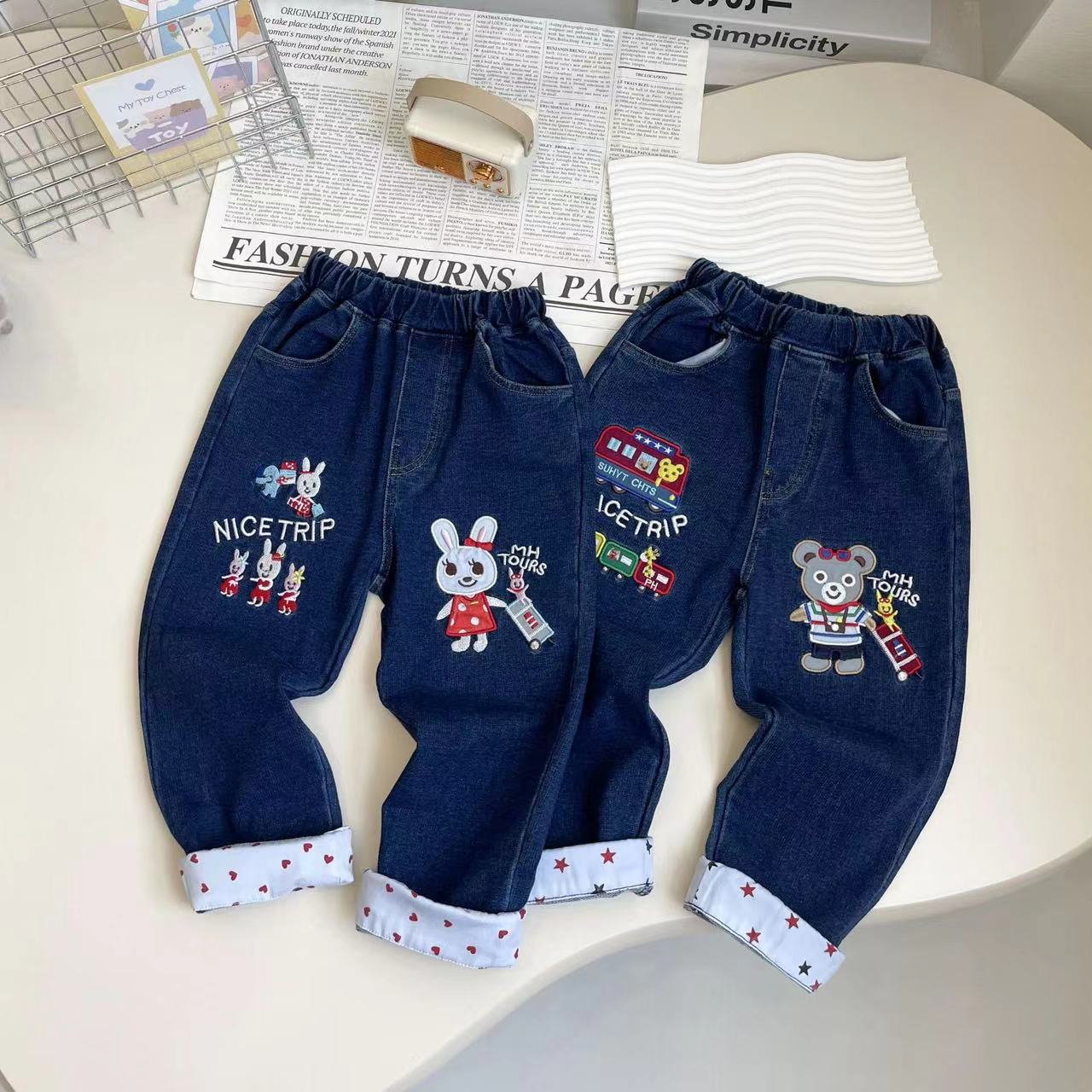 107新款春秋卡通miki洋气韩版童装百搭男女宝宝刺绣牛仔裤71661