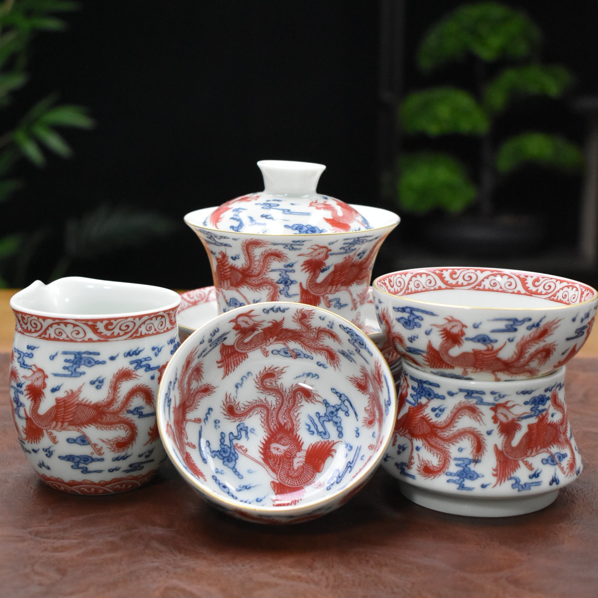 【四件套】景德镇茶具釉里红九凤仿古泥釉下彩套组高档茶具青花瓷器